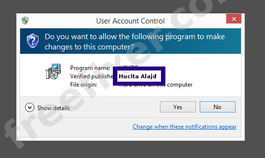 Screenshot where Hucita Alajd appears as the verified publisher in the UAC dialog